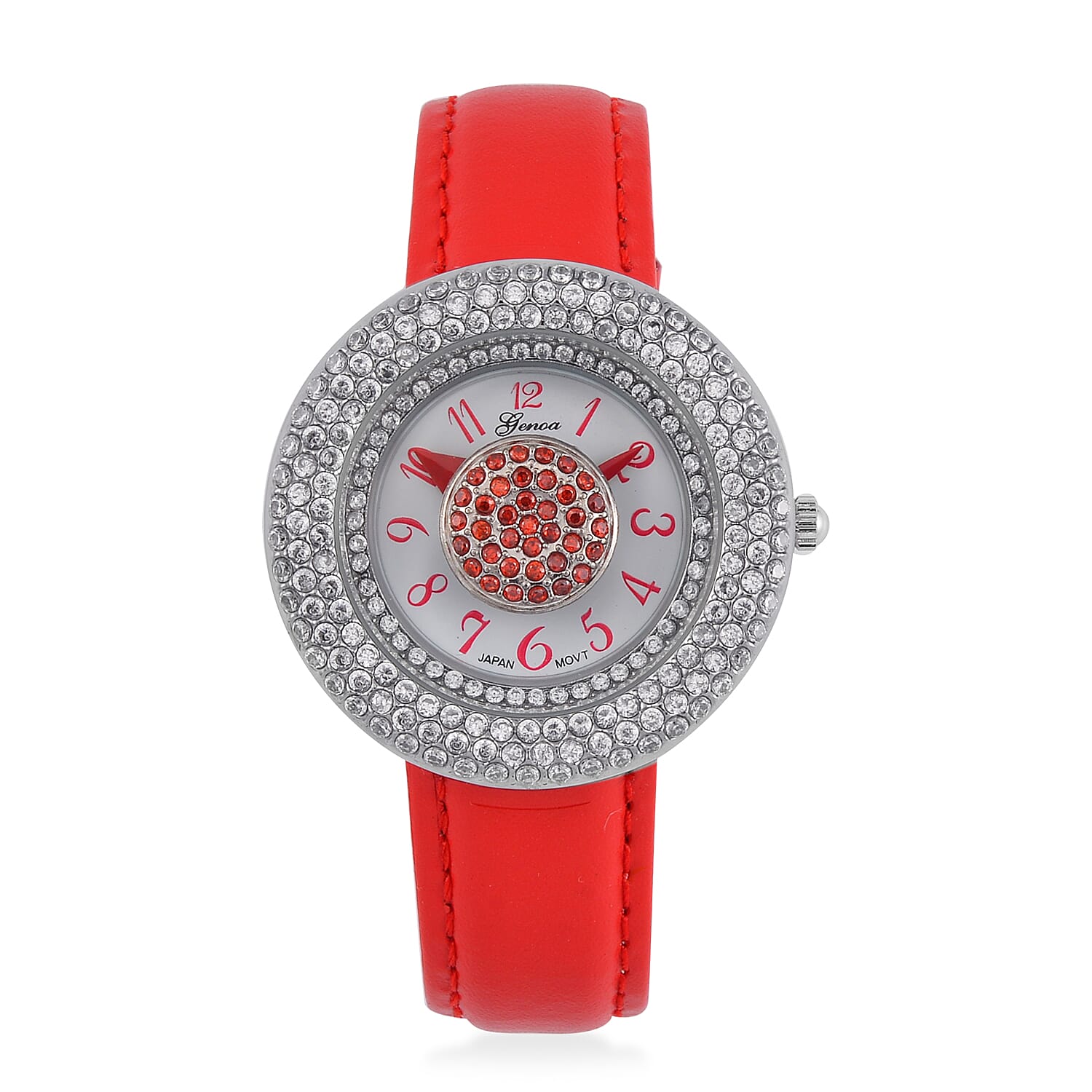 Genoa Miyota Japanese Movement Simulated Red & White Diamond Watch in Silvertone with Red Genuine Leather Strap (6.25-8.0 Inches) (38mm) 1.50 ctw