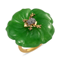 Green Jade Carved (D) and White Zircon Nature Theme Floral Ring in Vermeil Yellow Gold Over Sterling Silver 54.50 ctw