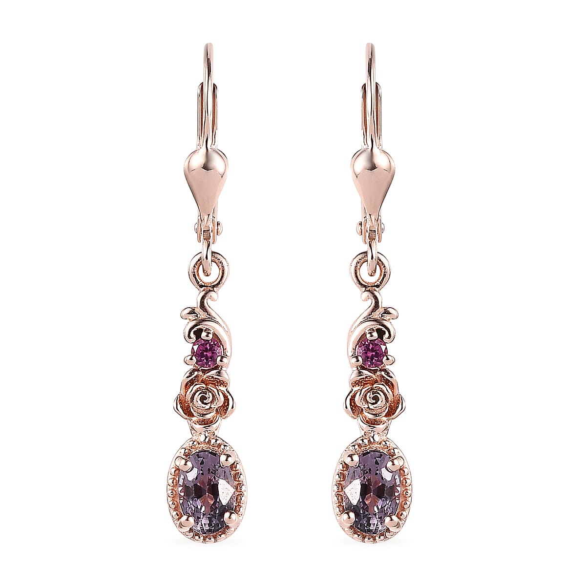 Tanzanian Lavender Spinel and Orissa Rhodolite Garnet Dangling Earrings in Vermeil Rose Gold Over Sterling Silver 1.35 ctw