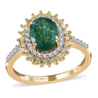 One Time Only Luxoro 10K Yellow Gold AAA Kagem Zambian Emerald, Natural Yellow and White Diamond (I3) (0.45 cts) Double Halo Ring (Size 10.0) 1.65 ctw