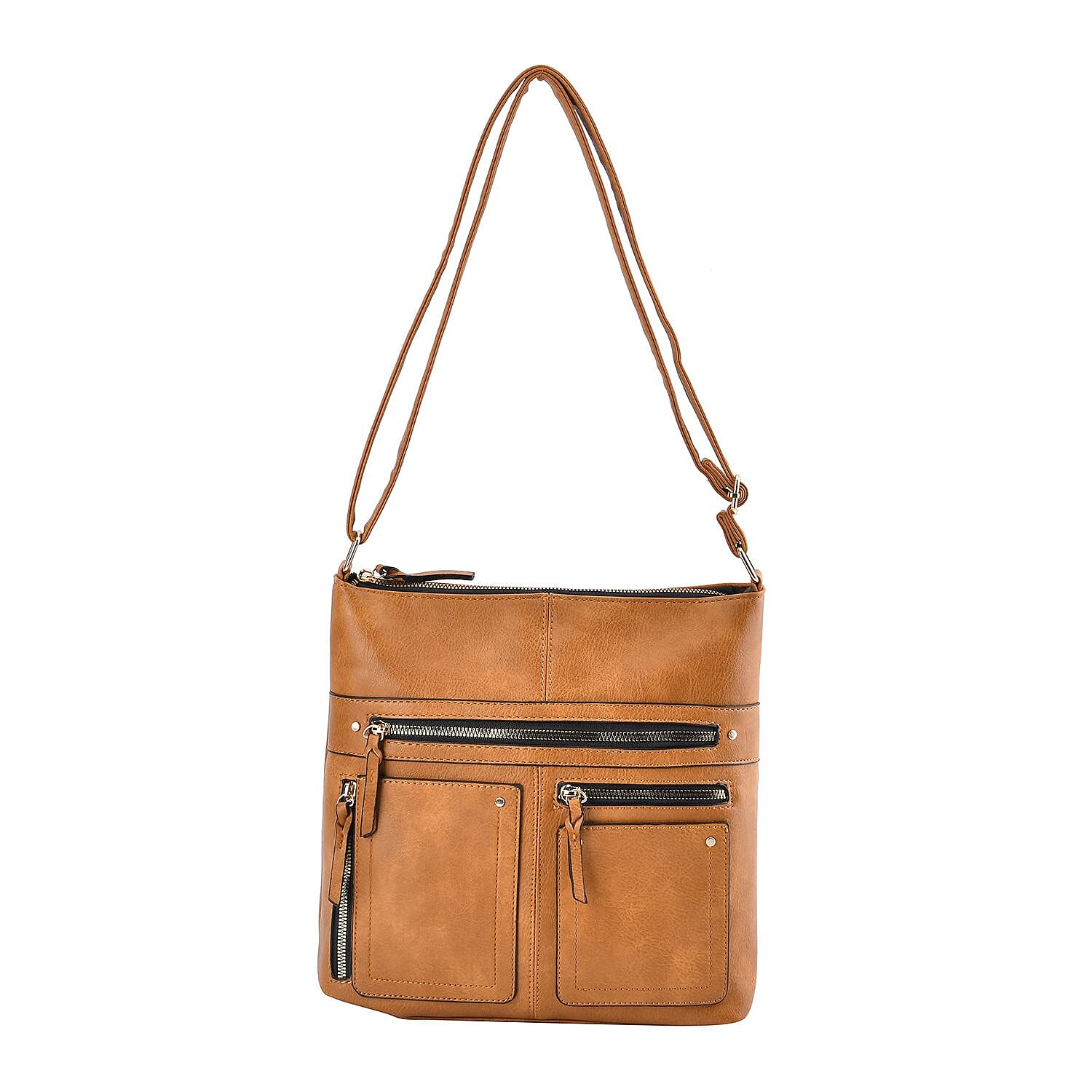 Brown Color Faux Leather Crossbody Bag (11.02"x2.95"x10.63") with Shoulder Strap (47")