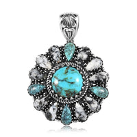 Artisan Crafted Blue Moon Turquoise and White Buffalo Floral Pendant in Sterling Silver 15.50 ctw