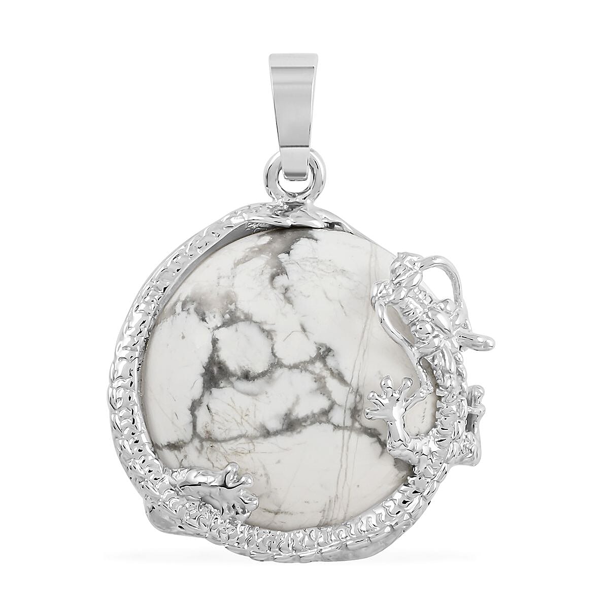 Howlite Dragon Sphere Pendant in Silvertone 25.00 ctw
