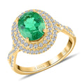 Certified & Appraised Iliana 18K Yellow Gold AAA Kagem Zambian Emerald and G-H SI Diamond Double Halo Ring 2.30 ctw - Sticky add to cart bar