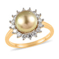 South Sea Golden Pearl and Moissanite Sunburst Ring in Vermeil Yellow Gold Over Sterling Silver (Size 10.0) 0.40 ctw - Sticky add to cart bar