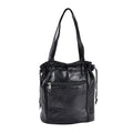 Black Patchwork Sheep Leather Drawstring Bucket Bag (7.5"x8.5"x4.3") with Faux Leather Handle Drop and Detachable Shoulder Strap - Sticky add to cart bar