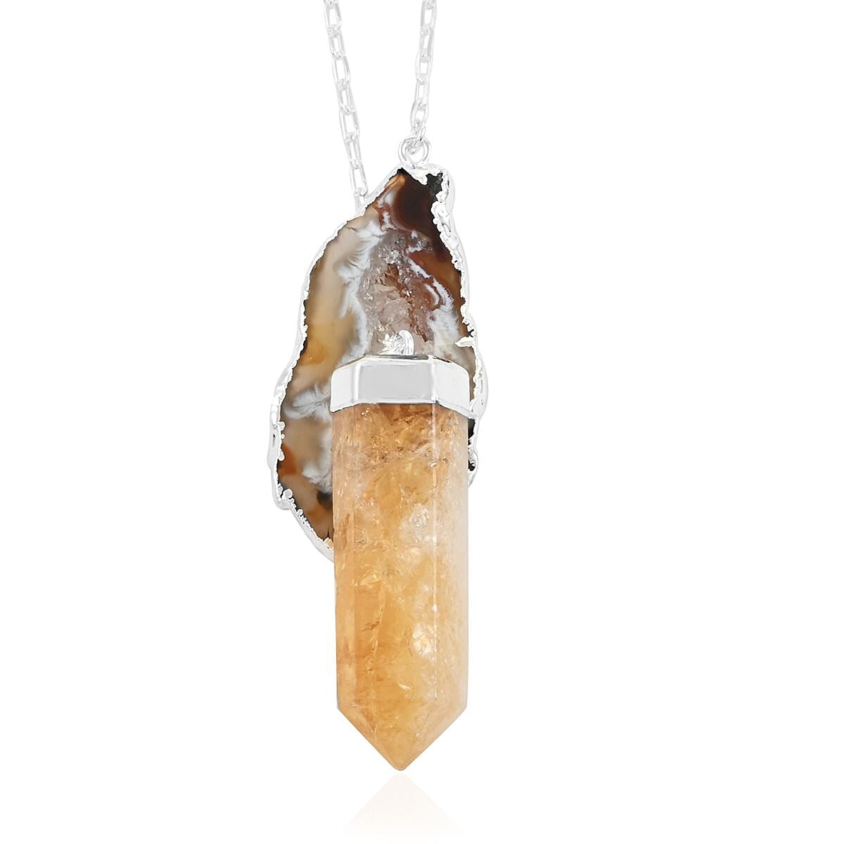 Agate Occo and Terminated Light Citrine Pendant Necklace 18 Inches in Silvertone 91.40 ctw