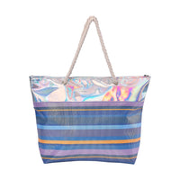 Blue and Gray Streak Pattern Canvas Faux Leather Tote Bag (19.7"x5.5"x14")