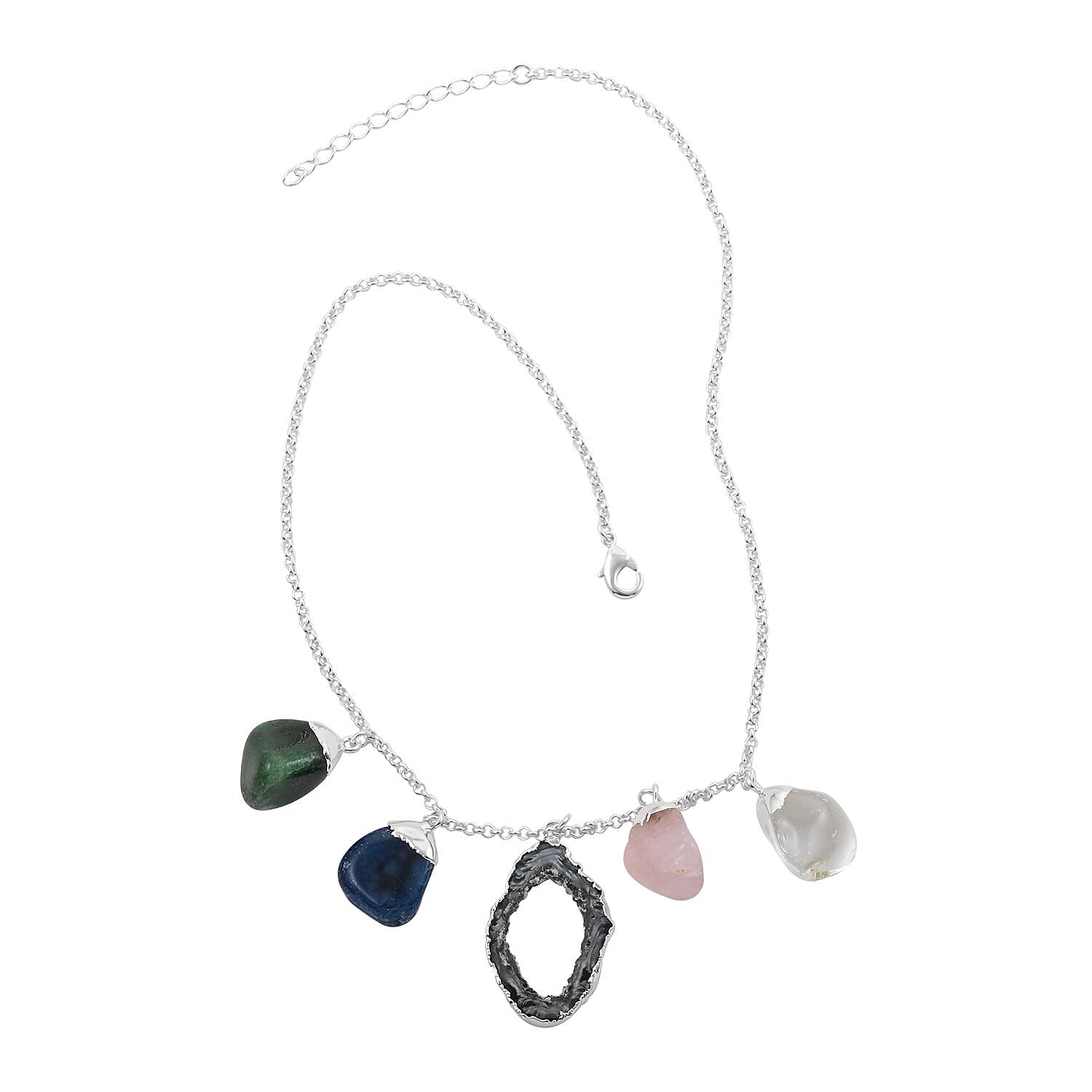 Multi Gemstone Necklace 16-18 Inches in Silvertone 95.00 ctw