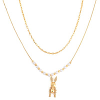 White Shell Pearl and Austrian Crystal Rabbit Necklace 20-22 Inches in Goldtone