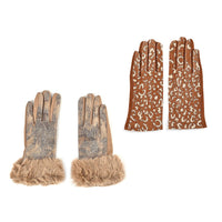 Faux Fur Cuff Printed Gloves 2 Prs (1pr Leopard+ 1pr Snake) with Touchscreen Functional - Gold