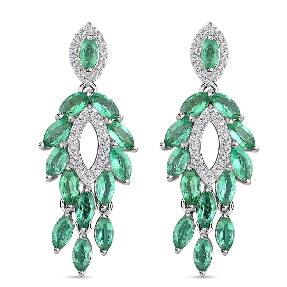AAA Kagem Zambian Emerald Dangle Earrings, White Zircon Accent Earrings, Emerald Earrings, Rhodium Plated Sterling Silver Earrings,  Green Earrings For Her, Birthday Gift 3.75 ctw