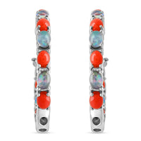 Boulder Opal Triplet and Mediterranean Coral 5.75 ctw Hoop Earrings in Rhodium Over Sterling Silver 7.10 Grams