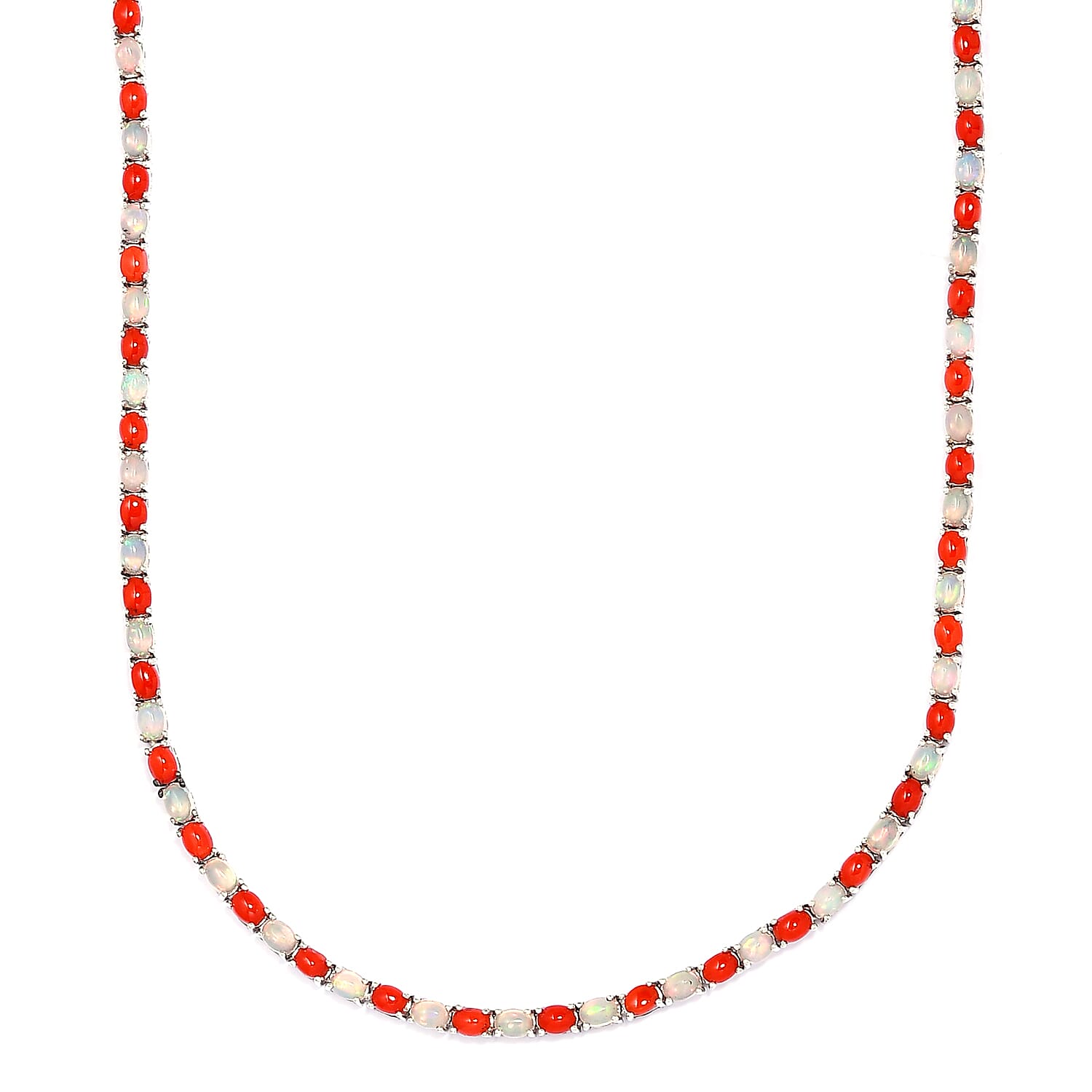Ethiopian Welo Opal and Mediterranean Coral Tennis Necklace 18 Inches in Rhodium Over Sterling Silver 16.15 ctw