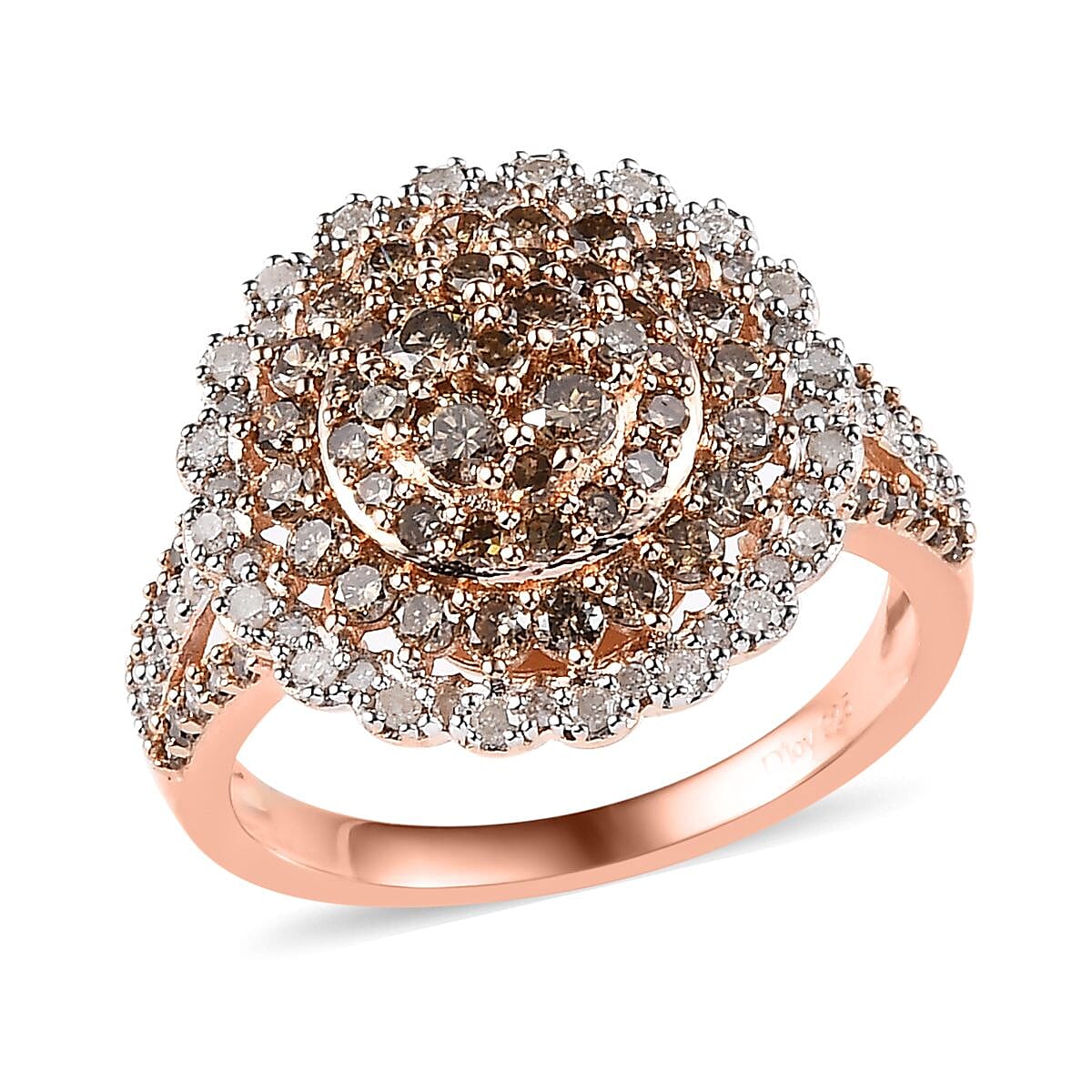 Natural Champagne and White Diamond Ring in Vermeil Rose Gold Over Sterling Silver (Size 10.0) 1.50 ctw