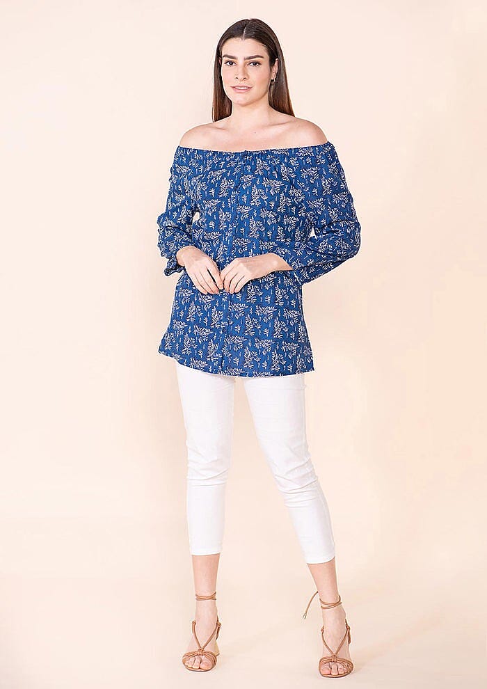 TAMSY Blue Rayon Off Shoulder Top -L