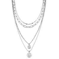 Set of 4 Multi Strand Coin Charm Link Chain Necklace (16, 18, 20, 22 Inches) in Stainless Steel
