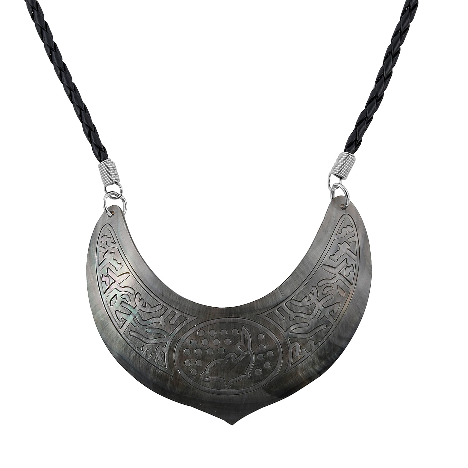 Brown Shell Dolphin Carving and Black Suede String Necklace 26 Inches