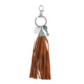 Carved Bone Leaf, Abalone Shell Key and Leather Tassel Charms Keychain in Stainless Steel - Sticky add to cart bar