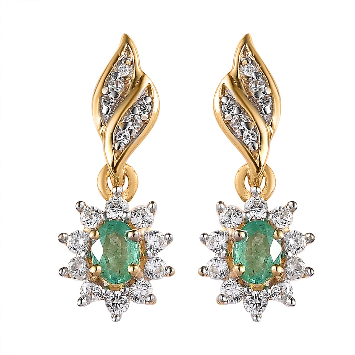 Ethiopian Emerald and White Zircon Dangle Earrings in Vermeil Yellow Gold Over Sterling Silver 0.80 ctw