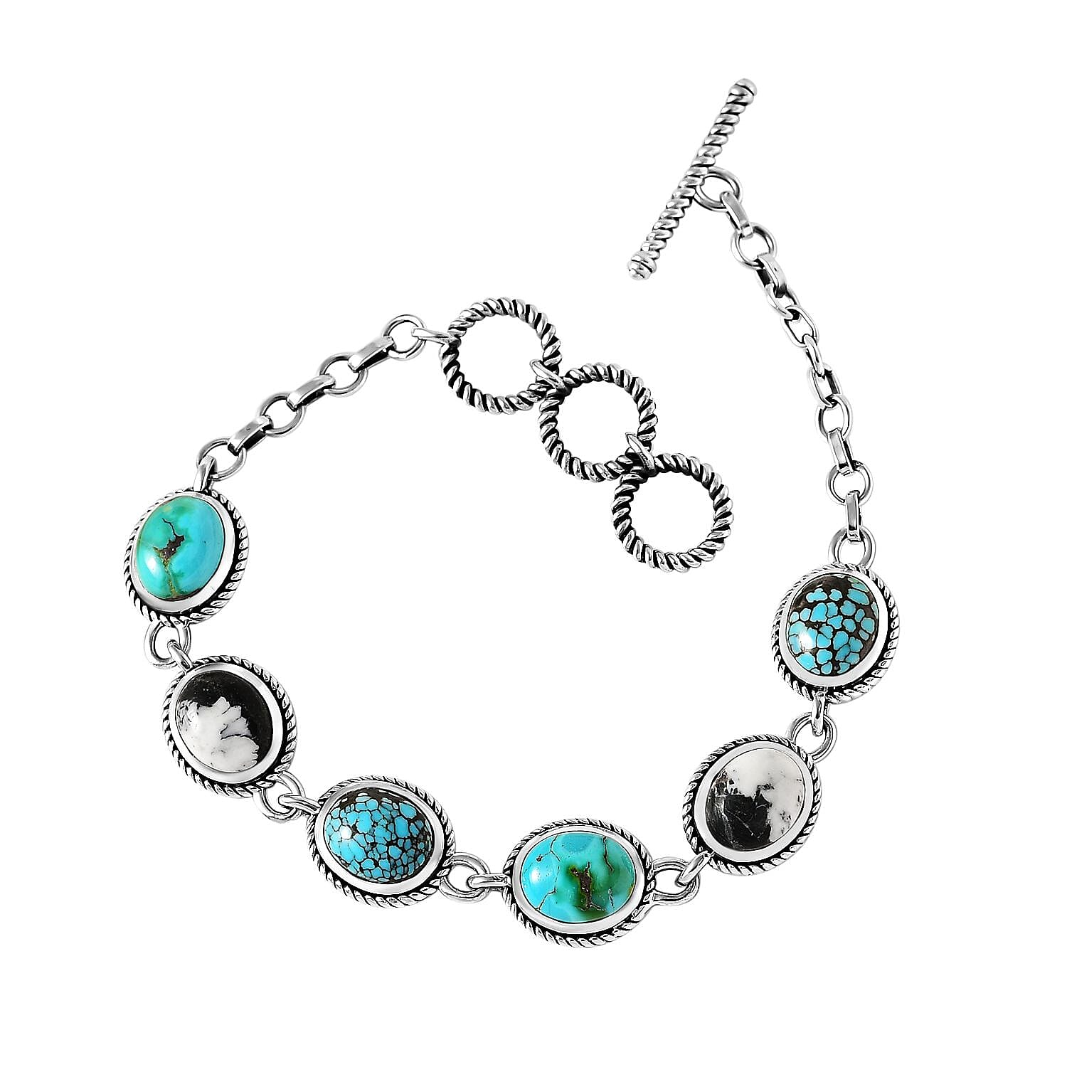 D'Joy Artisan Crafted Royston Turquoise, Blue Moon Turquoise and White Buffalo Toggle Clasp Bracelet in Sterling Silver (7.25 In) 16.50 ctw