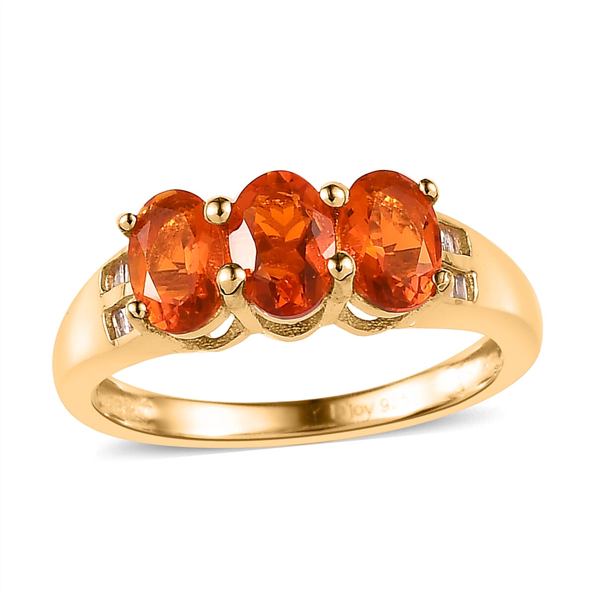 Mexican Fire Opal and Diamond 3 Stone Ring in Vermeil Yellow Gold Over Sterling Silver 1.00 ctw