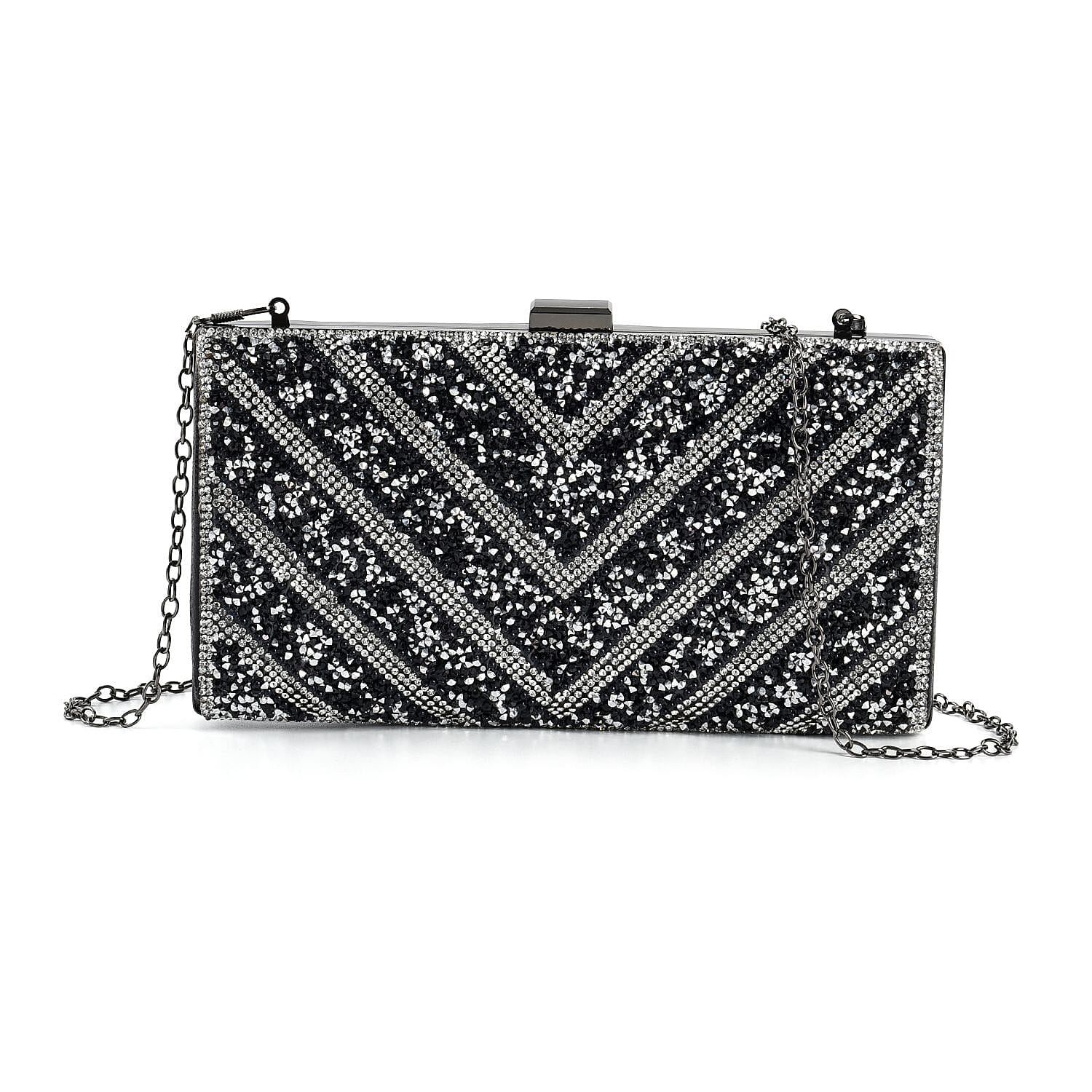 One Time Only Black Sparkling Clutch Bag (8.5"x1.8"x4.5") with Chain Strap
