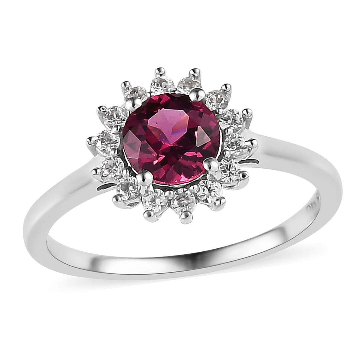 Tanzanian Rhodolite Garnet and White Zircon Sunburst Ring in Platinum Over Sterling Silver 1.40 ctw