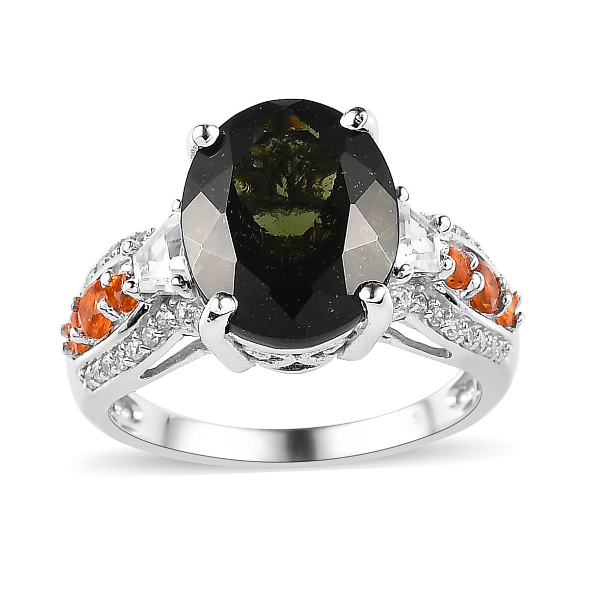 Premium Bohemian Moldavite and Multi Gemstone Ring in Platinum Over Sterling Silver 5.00 ctw
