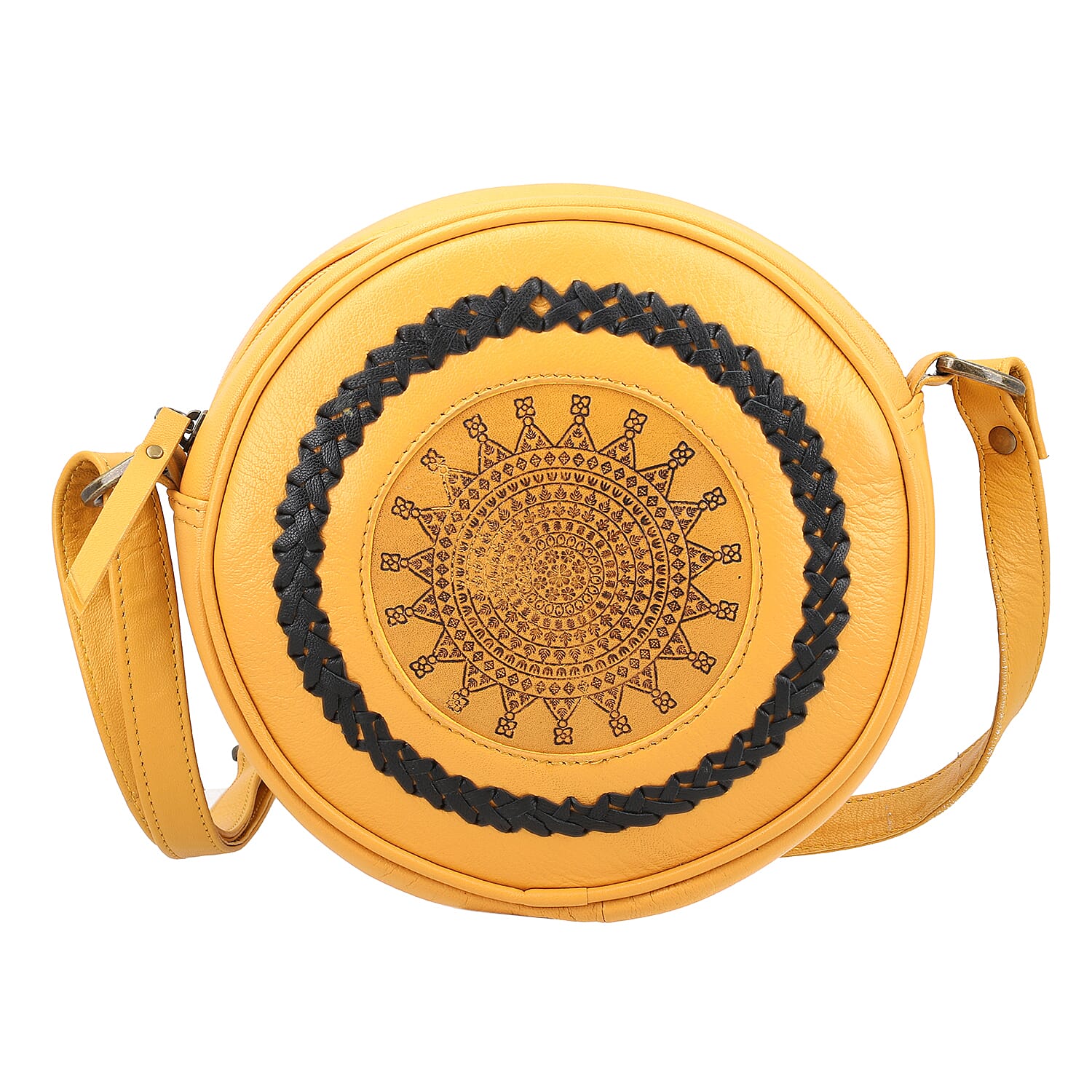 100% Genuine leather weaving round croosbody bag SIZE: 7(L)x2.4(W)x7(H)Inches  Mustard