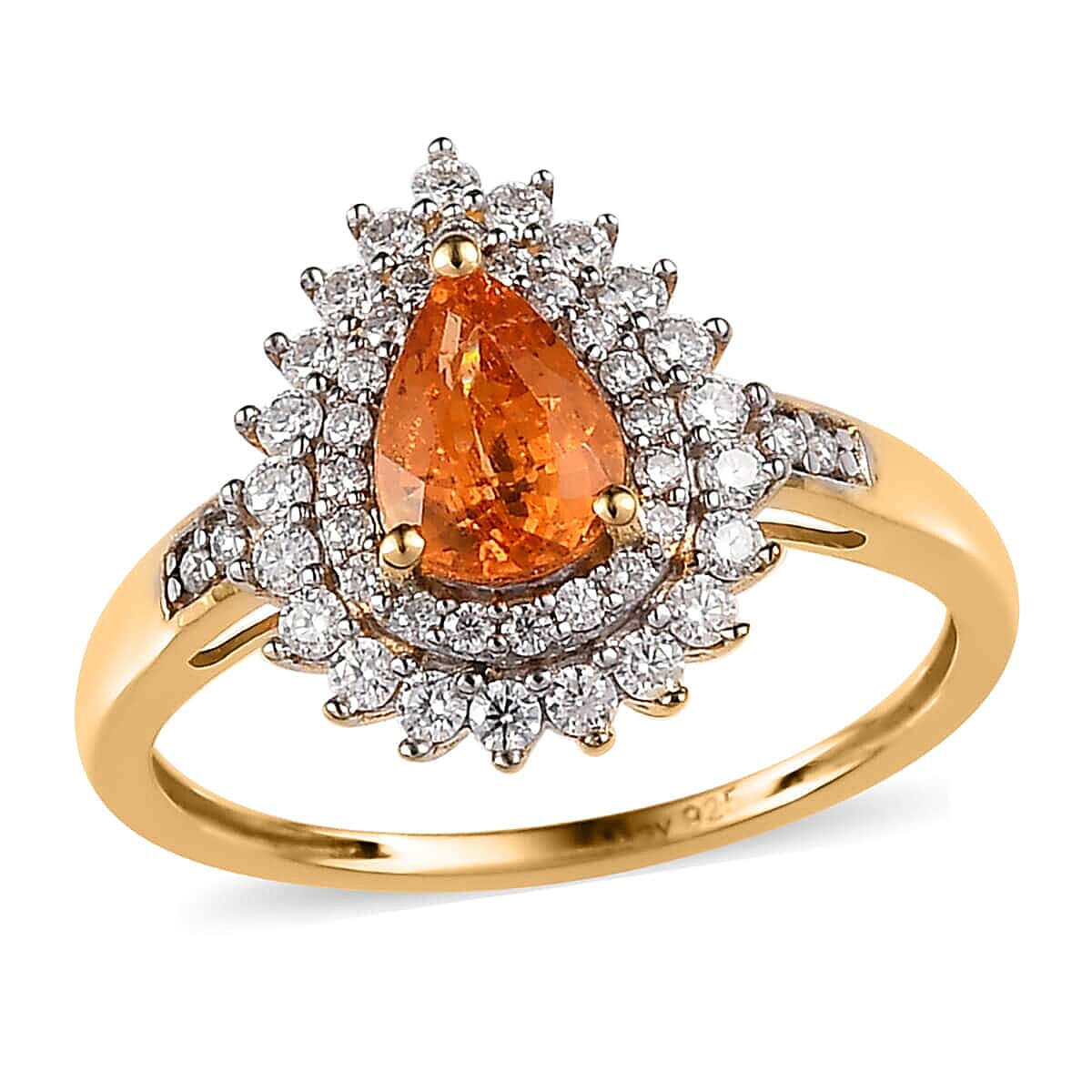 Premium Nigerian Spessartite Garnet and Moissanite Double Halo Ring in Vermeil Yellow Gold Over Sterling Silver 1.35 ctw