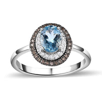 Luxoro 14K White Gold Premium Santa Maria Aquamarine, Natural Champagne and White Diamond I3 Double Halo Ring 4.20 Grams 1.60 ctw