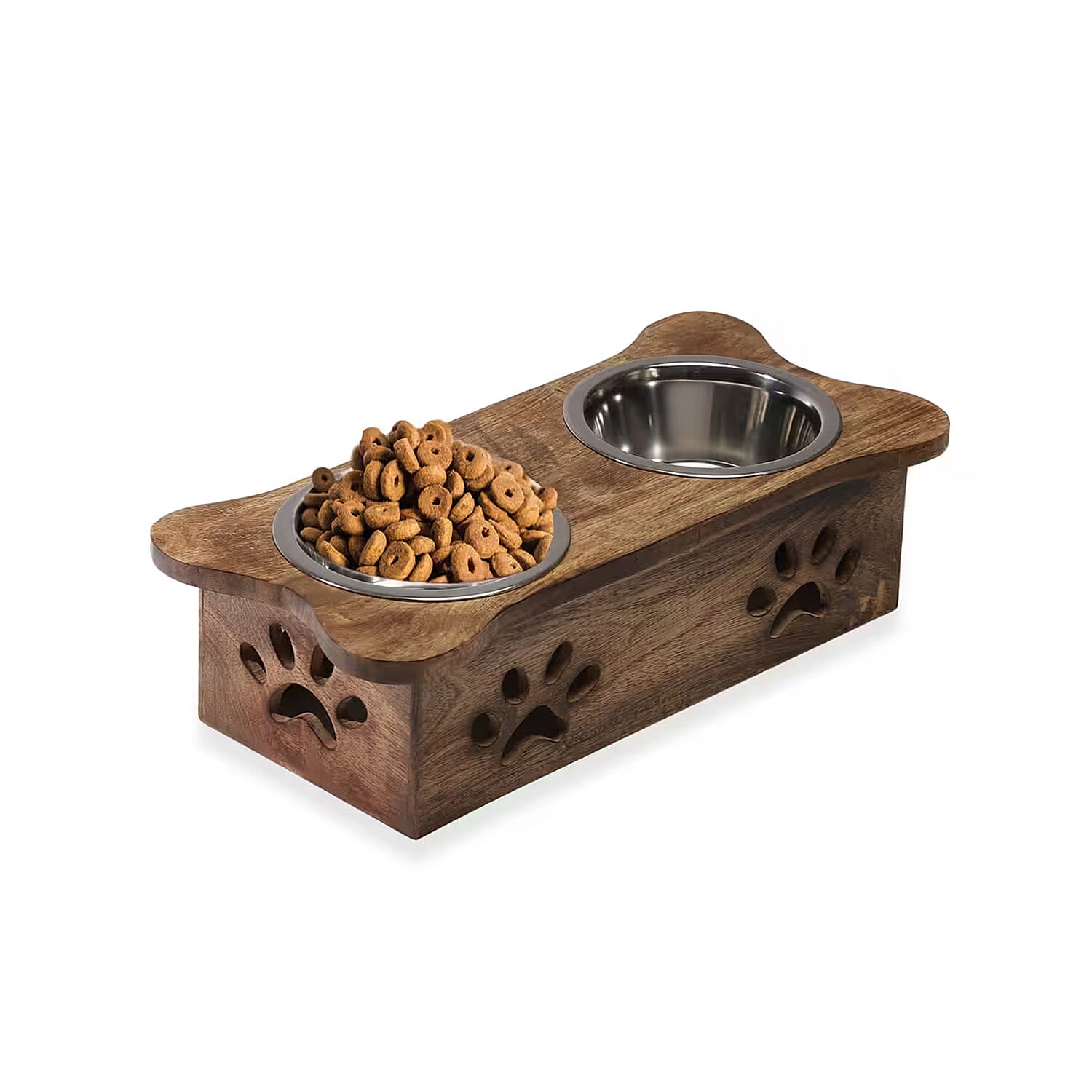 NAKKASHI, Hand Carved, Mango Wood Pet Feeder with Stainless Steel Bowls. Finish: White. Size: Approx. 18L X 7.5W X 5H inch. Bowl: Approx. Diameter 6.5 inch, depth: 2.5 inch.