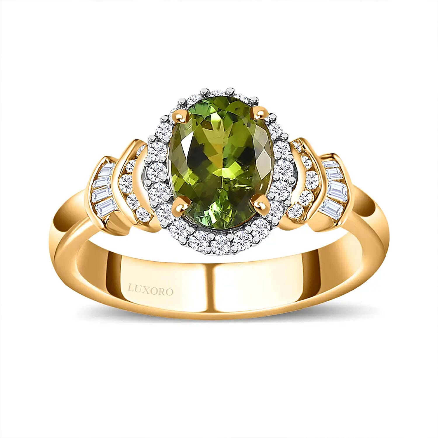 Luxoro 14K Yellow Gold AAA Natural Calabar Green Tourmaline and G-H I3 Diamond Halo Ring 1.50 ctw (Del. in 7-10 Days)