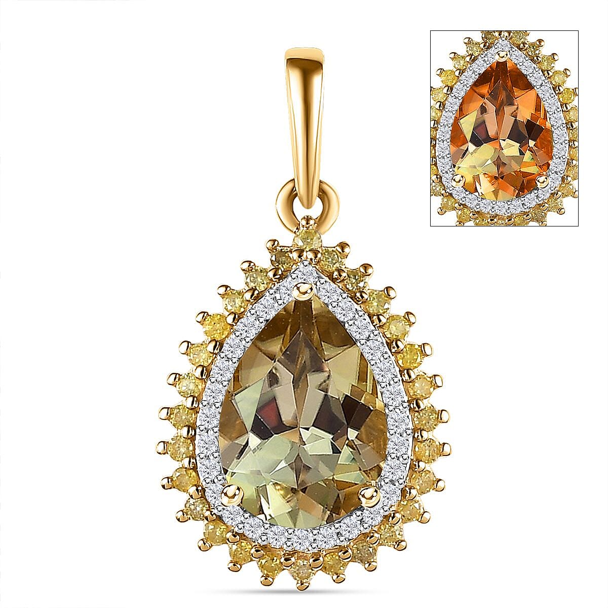 Certified & Appraised Luxoro 10K Yellow Gold AAA Turkizite and I3 Natural Yellow and White Diamond Double Halo Pendant 2.50 ctw