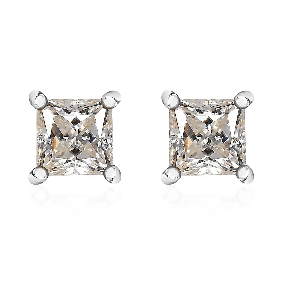 Moissanite (Sqr 5mm) Solitaire Stud Earrings in Platinum Over Sterling Silver 1.40 ctw
