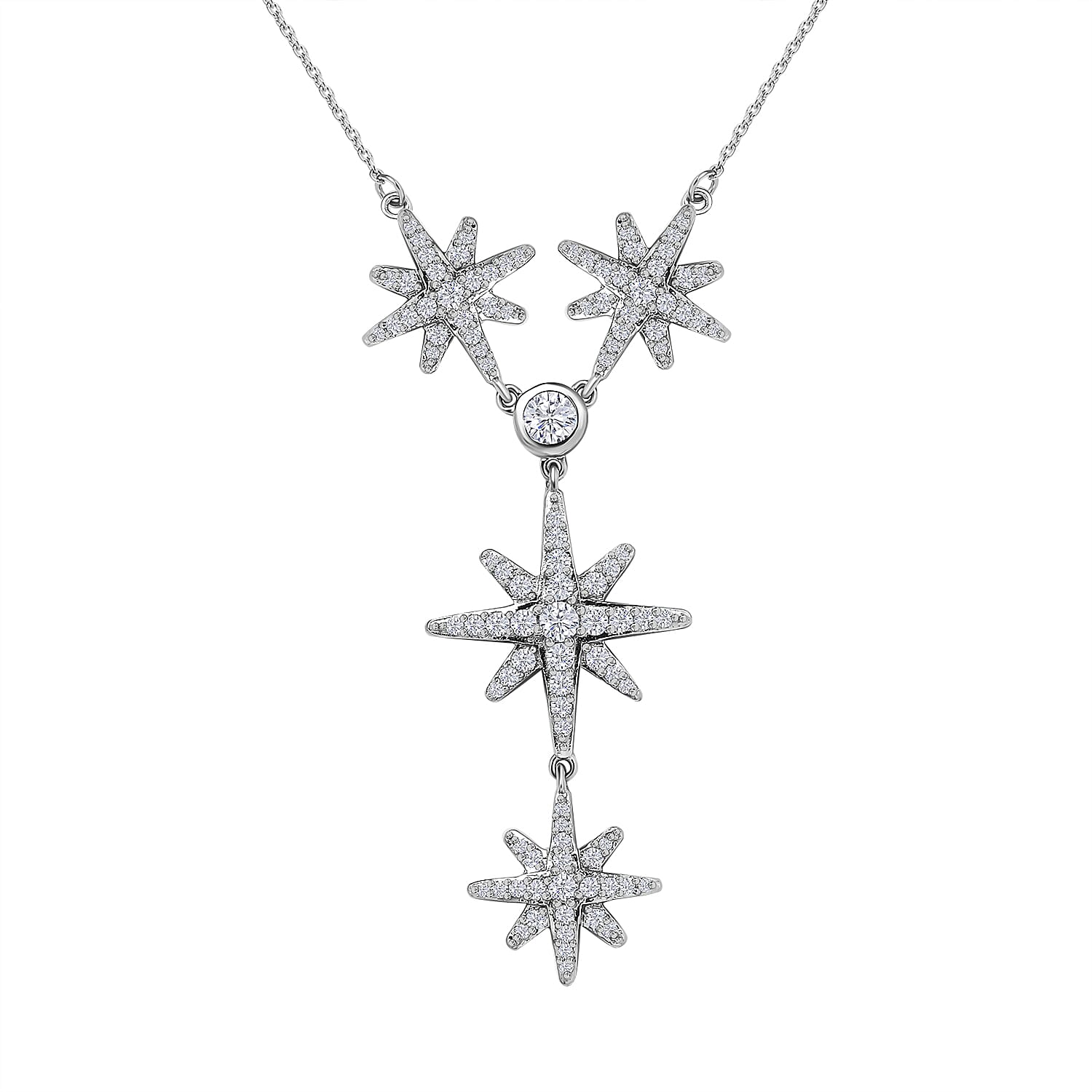 Moissanite Celestial Stars Lariat Necklace 18 Inches in Platinum Over Sterling Silver 1.85 ctw