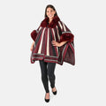Burgundy Faux Fur Striped Pattern Ruana - One Size Fits Most - Sticky add to cart bar
