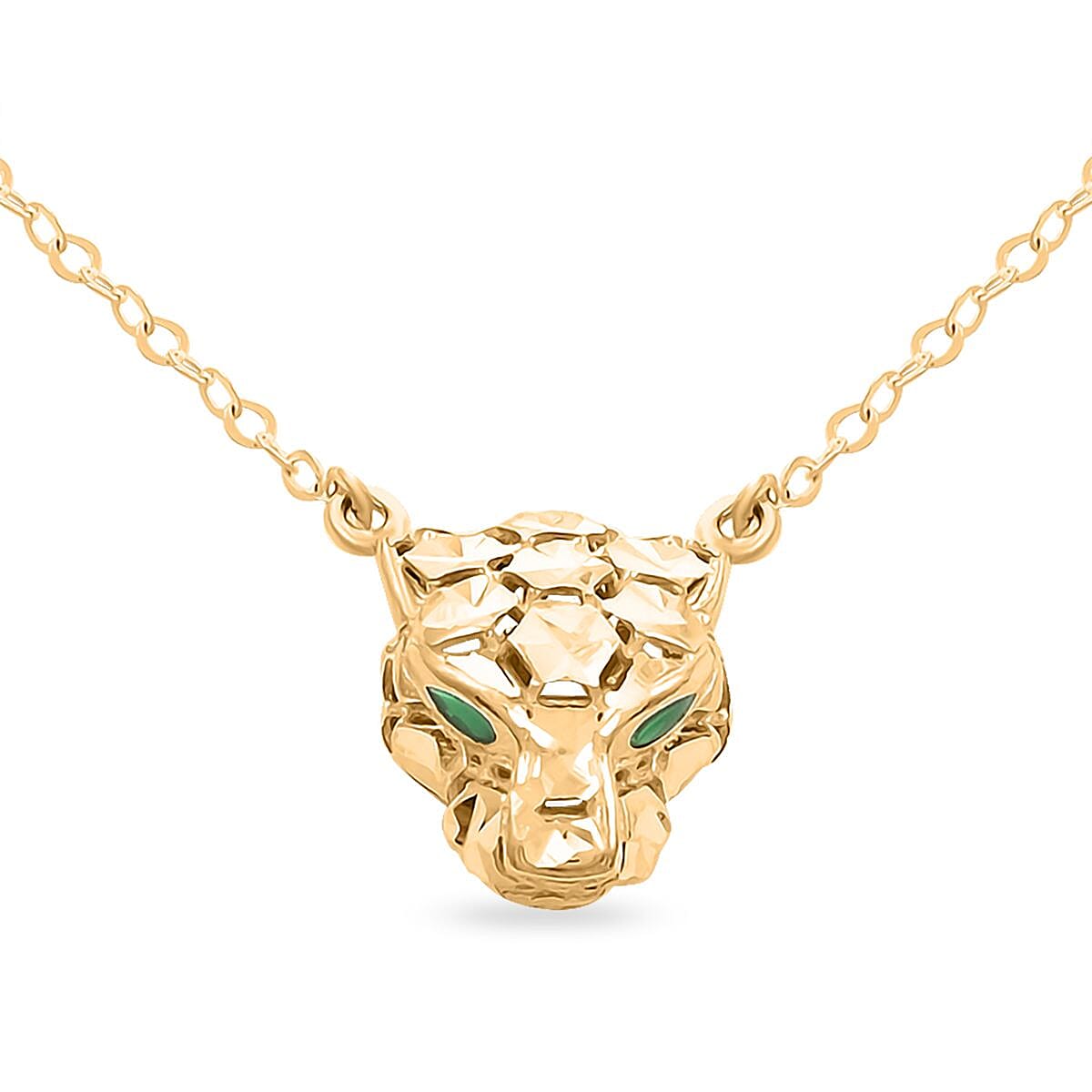 Italian 10K Yellow Gold, Enameled Panther Face Necklace 18 Inches 1.95 Grams