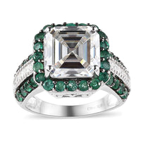 Doorbuster Asscher Cut Moissanite and Emerald Ring in Platinum Over Sterling Silver 7.35 ctw (Del. in 5-7 Days)