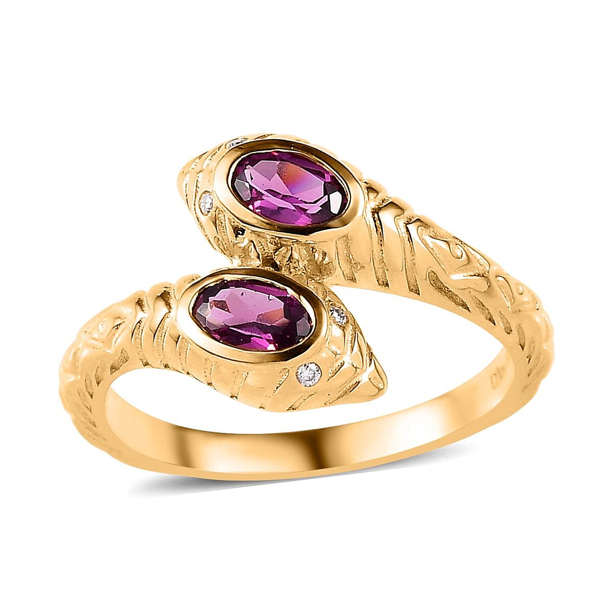 Purple Garnet, Moissanite Bypass Ring in Vermeil YG Over Sterling Silver (Size 10.0) 0.60 ctw