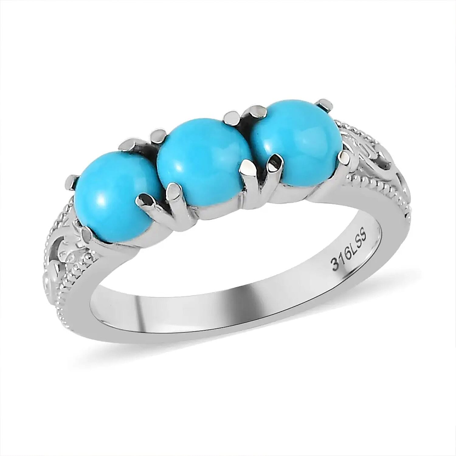 Sleeping Beauty Turquoise 3 Stone Ring in Stainless Steel (Size 10.0) 1.50 ctw
