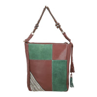 "100% Genuine leather embellishment tote bag SIZE: 11.42(L)x3.94(W)x14.56(H) inches COLOR: Brown/Green"