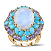 Premium Rainbow Moonstone and Multi Gemstone Cocktail Ring in Vermeil Yellow Gold Over Sterling Silver (Size 10.0) 17.50 ctw