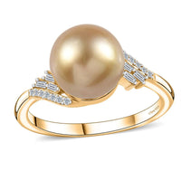 South Sea Golden Pearl 10-11mm and Moissanite Ring in Vermeil Yellow Gold Over Sterling Silver (Size 10.0) 0.20 ctw