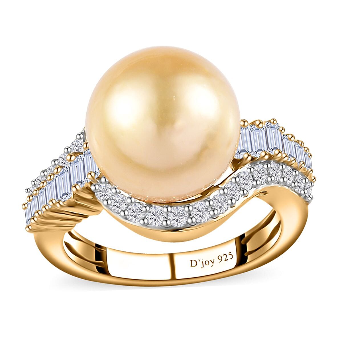 Golden South Sea Pearl and White Topaz Ring in Vermeil Yellow Gold Over Sterling Silver (Size 10.0) 1.00 ctw
