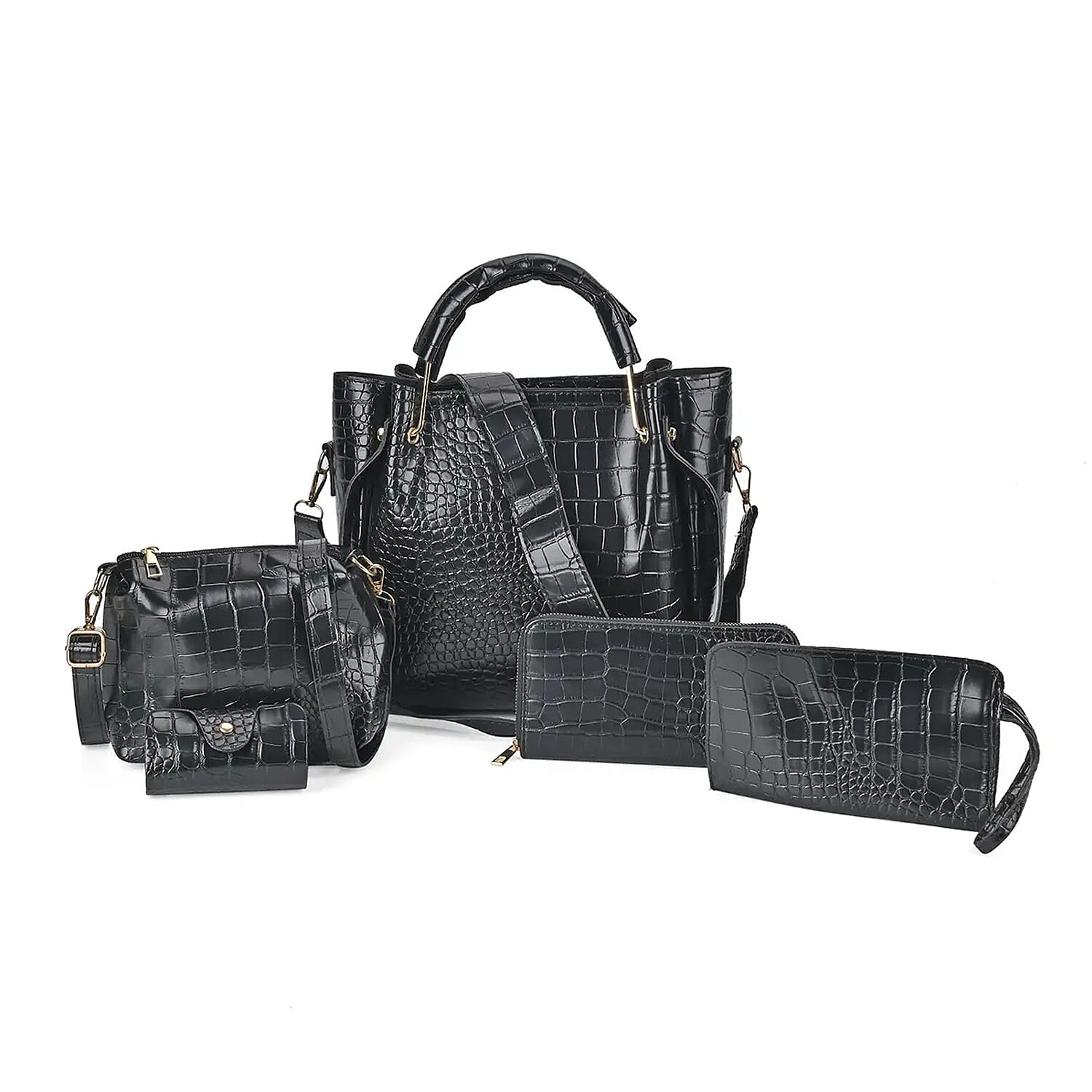 TLV Set of 5pcs Black Crocodile Embossed Faux Leather Tote Bag, Crossbody Bag, Wrist Pouch, Wallet and Card Holder (7.5"x3.9" - 9.8"x4.7"x9.4")