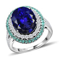 Certified & Appraised Rhapsody 950 Platinum AAAA Tanzanite, Brazilian Paraiba Tourmaline and E-F VS Diamond Ring 11.50 Grams 9.85 ctw - Sticky add to cart bar