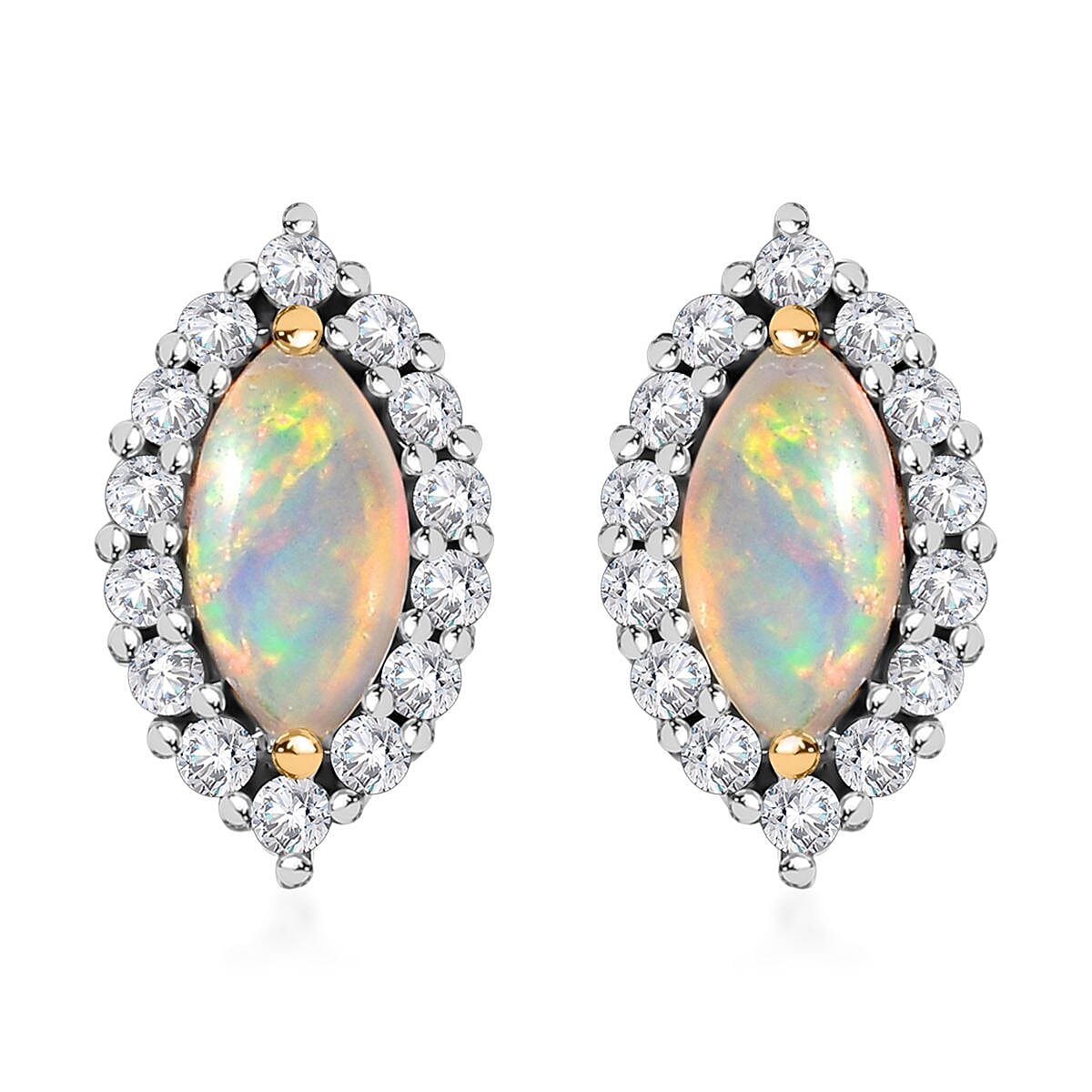 Ethiopian Welo Opal and White Zircon Halo Stud Earrings in Vermeil Yellow Gold Over Sterling Silver 1.35 ctw
