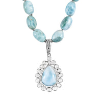 Artisan Crafted Larimar and Polki Diamond 147.10 ctw Tears of the Tide Necklace 18-20 Inches in Platinum Over Sterling Silver
